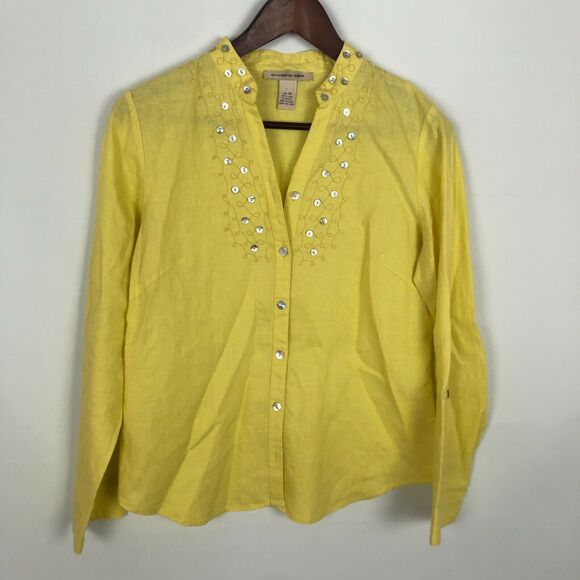 E-col-o-gie Yellow Embroidered Linen Button Front Long Sleeve Shirt Women Medium - Picture 2 of 7